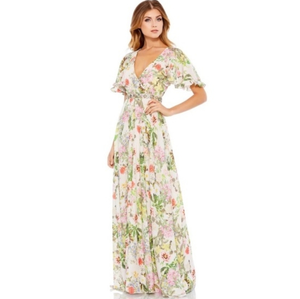 Mac Duggal Floral Print Faux Wrap Flutter Sleeve ALine Gown Size 6 Garden